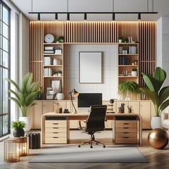 A work office room There is an poster empty white with a desk and A chair and poster mockup highquality unique informative optimized optimized.