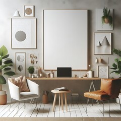 A work office room There is an poster empty white with a desk and chair and a laptop highquality unique optimized informative unique.
