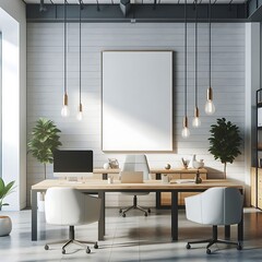 A work office room There is an poster empty white with a desk and chairs and a large picture frame decoration highquality engaging unique.