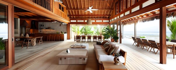 beachfront bungalow with a cozy seating area featuring a brown couch, wood and brown chairs, and a brown and wood table the space is adorned with potted green plants and a white