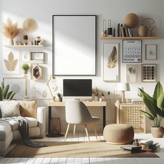 A working room there is an poster empty white with a computer desk and A chair and poster mockup highquality engaging highquality creative highquality Vibrant.