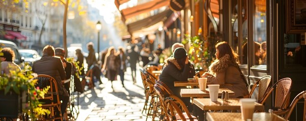 Outdoor Caf Terrace in Paris with People Enjoying Coffee and Pastries