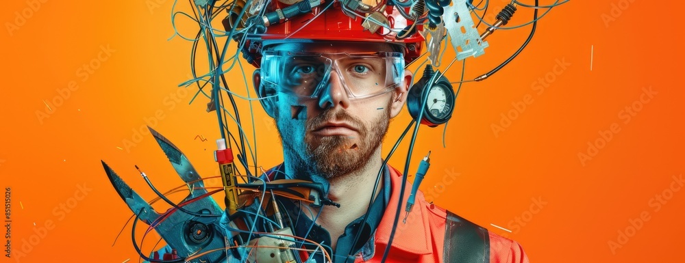 Poster the image shows a man wearing a hard hat with a lot of wires and electronic components attached to i
