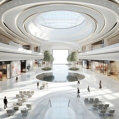 Modern commercial building interior with A large blank white screen building with a circular ceiling and a large pool creative.