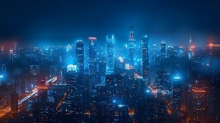 Fototapeta premium Illuminated Futuristic Urban Skyline with Connected Smart City Technology