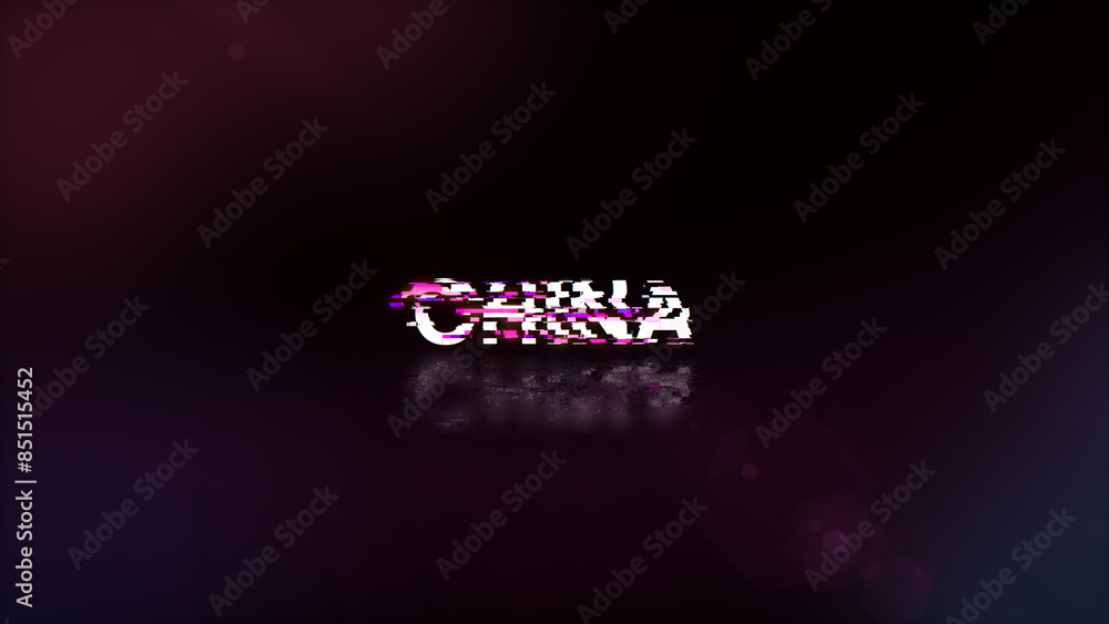 Poster 3D rendering China  text with screen effects of technological glitches