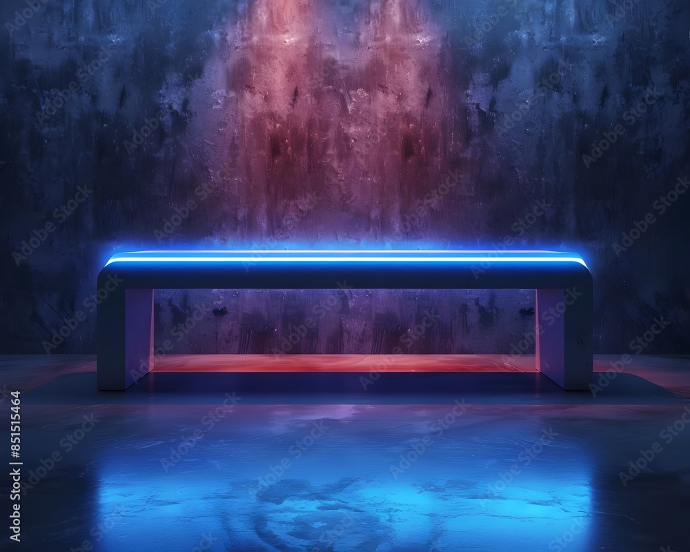 Poster glowing neon table for exclusive product display in dark minimalist setting