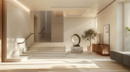 Fototapeta premium modern, minimalist foyer with a statement art sculpture, clean lines, and a neutral color palette to welcome guests in style