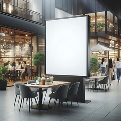 Modern commercial building interior with A large blank white screen sign on a table in a restaurant informative highquality informative.