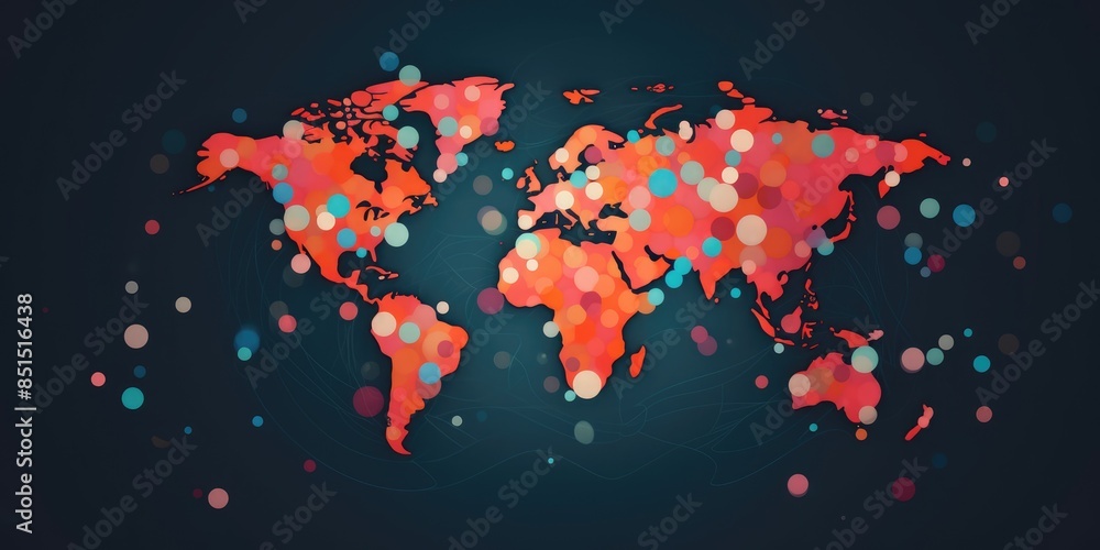 Poster stylized world map composed of multicolored circles on a white background with a modern artistic tou