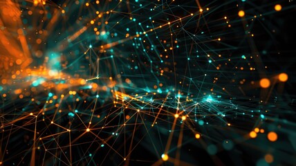 Abstract art of digital network with glowing orange and blue dots on a dark background. digital art of glowing lines and dot connecting. Technology and data visualization concept for wallpaper. AIG53F