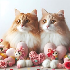 Two cat design graphics with stuffed hearts and flowers Art.