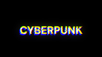 3D rendering Cyberpunk text with screen effects of technological glitches