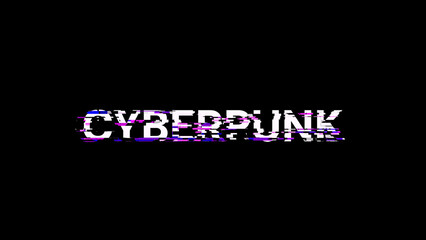 3D rendering Cyberpunk text with screen effects of technological glitches