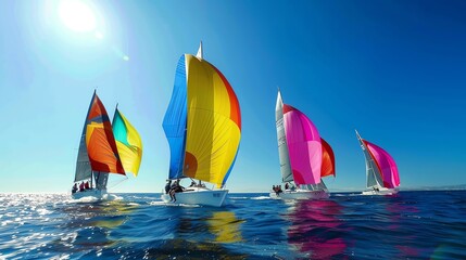 Sailboats race on a sunny day with colorful sails.