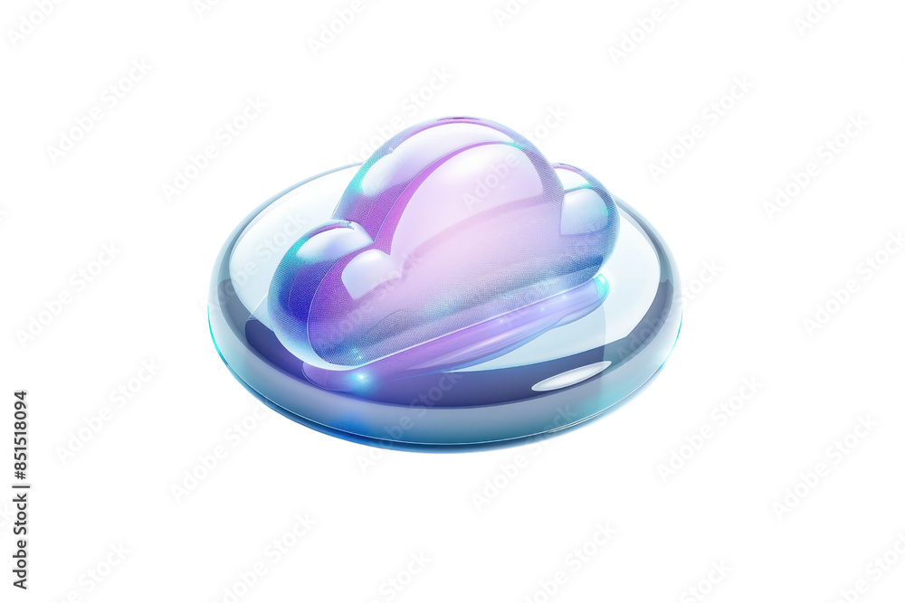 Poster 3d illustration of a colorful, futuristic cloud icon on a glossy base, representing cloud computing 