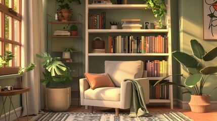 A serene reading nook with a comfy chair and stocked bookshelf offers the perfect escape for book lovers.