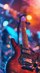 Fototapeta premium A guitar is on a stand in front of a bright light