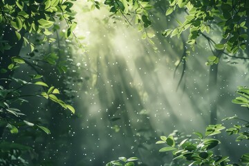 Fototapeta premium A calm, mist-covered woodland with shafts of sunlight breaking through the trees, casting long, soft shadows on the forest floor