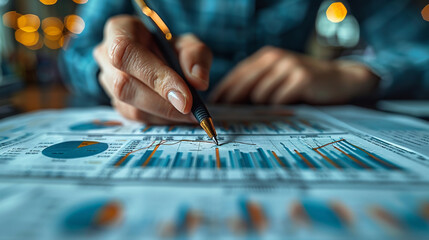Naklejka premium Close-up, professional hands are on a table filled with data, graphs, and graphics, symbolizing problem solving