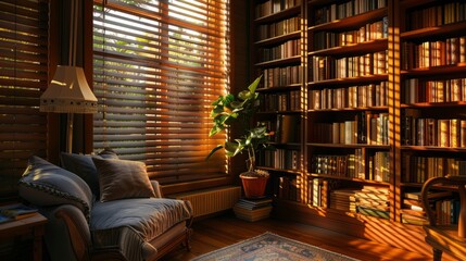 Wide horizontal faux wood blinds in a cozy room