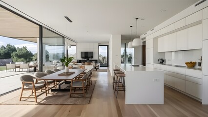 Modern Minimalist Open-Concept Home Interior with Panoramic Glass Walls