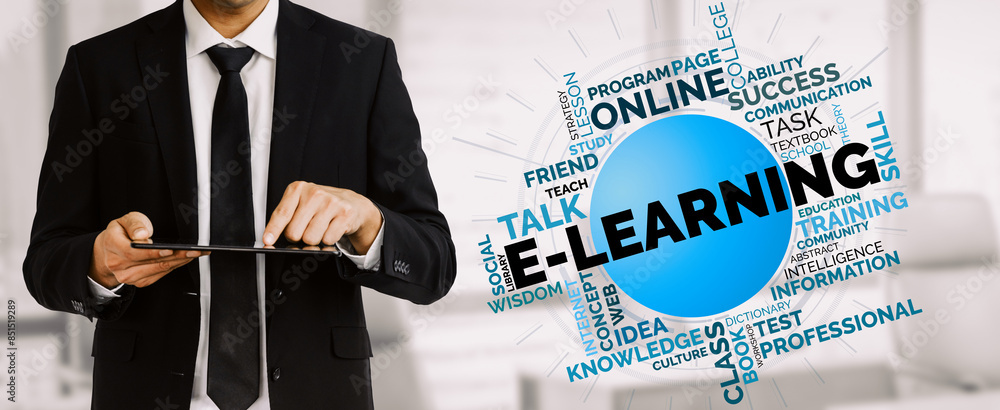 Poster e-learning and online education for student and university concept. graphic interface showing techno