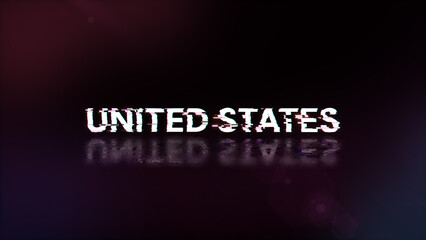 3D rendering United states text with screen effects of technological glitches