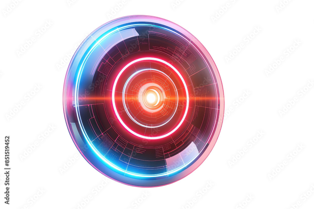 Poster futuristic glowing circular interface with vibrant colors and intricate patterns, perfect for digita