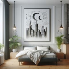 Bedroom sets have template mockup poster empty white with Bedroom interior and a painting on the wall image art realistic photo card design.