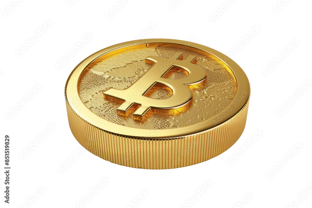 Poster golden bitcoin coin symbolizing cryptocurrency and blockchain technology, isolated on transparent ba