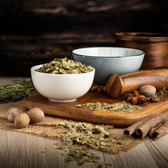 NEEM LEAVES DRIED on wooden table background. Herbs, spices and dried food baking ingredient. Mortar and different spices. Cottage kitchen. Product Photography