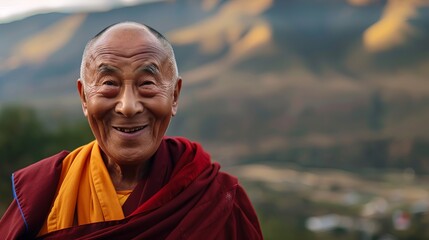 Dalai lama wearing traditional maroon and saffron robes, standing and smiling in nature and mountain background, peace and meditation concept