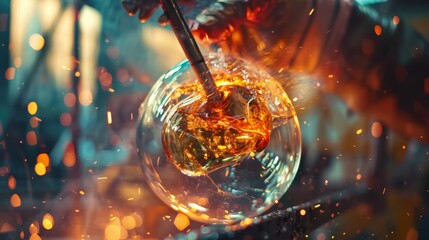 Close-up of a glassblowing process with a glowing hot glass being shaped by skilled hands, showcasing the art of craftsmanship.