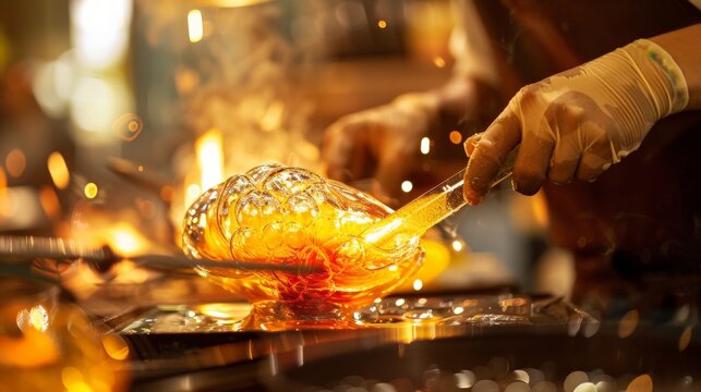 Close-up of a glassblower shaping molten glass with tools, lit by soft, glowing light. Craftsmanship and artistry in action.