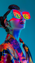 Beautiful woman wearing bright kimono, neon colors, in the style of futuristic pop, street pop art