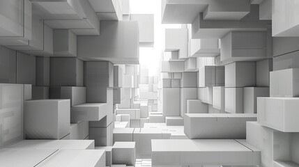 The image shows a three-dimensional space with white blocks of different sizes. The blocks are arranged in a way that creates a sense of depth and perspective. The image is well-lit and has a clean
