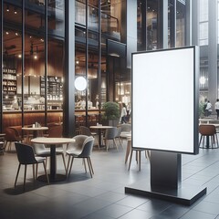 Modern commercial building interior with A large blank white screen sign in a restaurant informative engaging creative engaging.