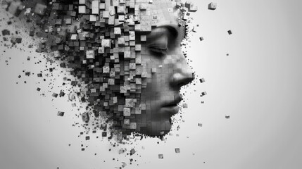 A human face fragmented into floating digital cubes, creating a voxel art effect