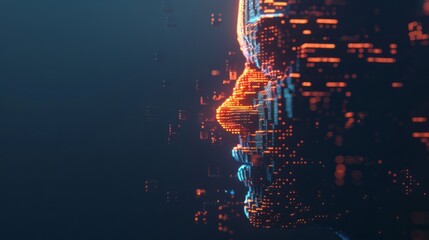 A digital face composed of glowing pixelated cubes, creating a futuristic, abstract effect