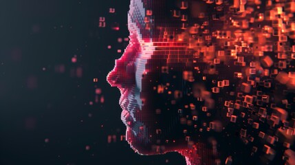 Side profile of a pixelated digital face with glowing red particles, representing artificial intelligence