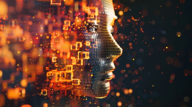 Digital face with glowing orange cubes creating a vibrant, futuristic visual effect