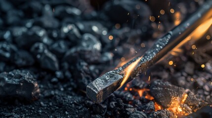 Close-up of a hot metal rod being forged with sparks flying, surrounded by black coal. Industrial scene depicting blacksmithing process.