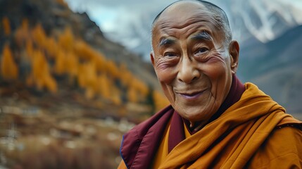 Dalai lama smiling and wearing traditional maroon and saffron robes, He is on a journey to seek peace in isolation on mountains
