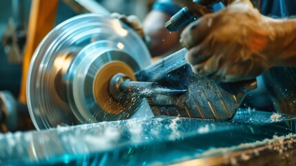 Close-up of a lathe machine in action, machining a metal workpiece with precision. Skilled hands operate the machinery in a workshop setting.