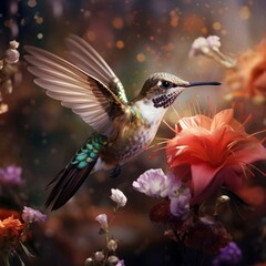 Naklejka premium hummingbird feeding from the flower.AI generated