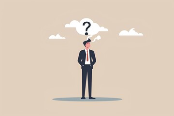 Obraz premium A businessman with a question mark on his head, a professional business concept of a confused man standing in a front view full body portrait with a clouds background