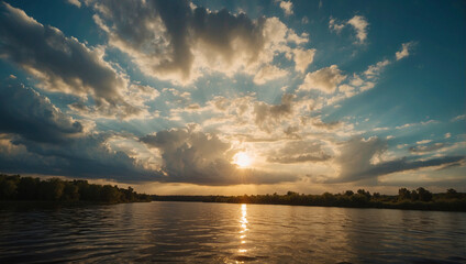 Obraz premium Tranquil scene of a panoramic landscape with sunset and lake, beautiful scenic dawn over the lake, cloudy sky, golden hour background