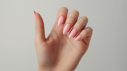 Hand with fine manicure. Nail art. Woman's nails with soft light pink color design