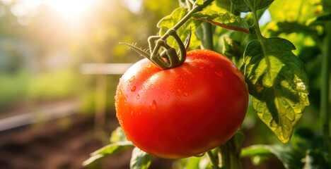 Close-Up of a Juicy Red Tomato in Vegetable Garden. Generative AI